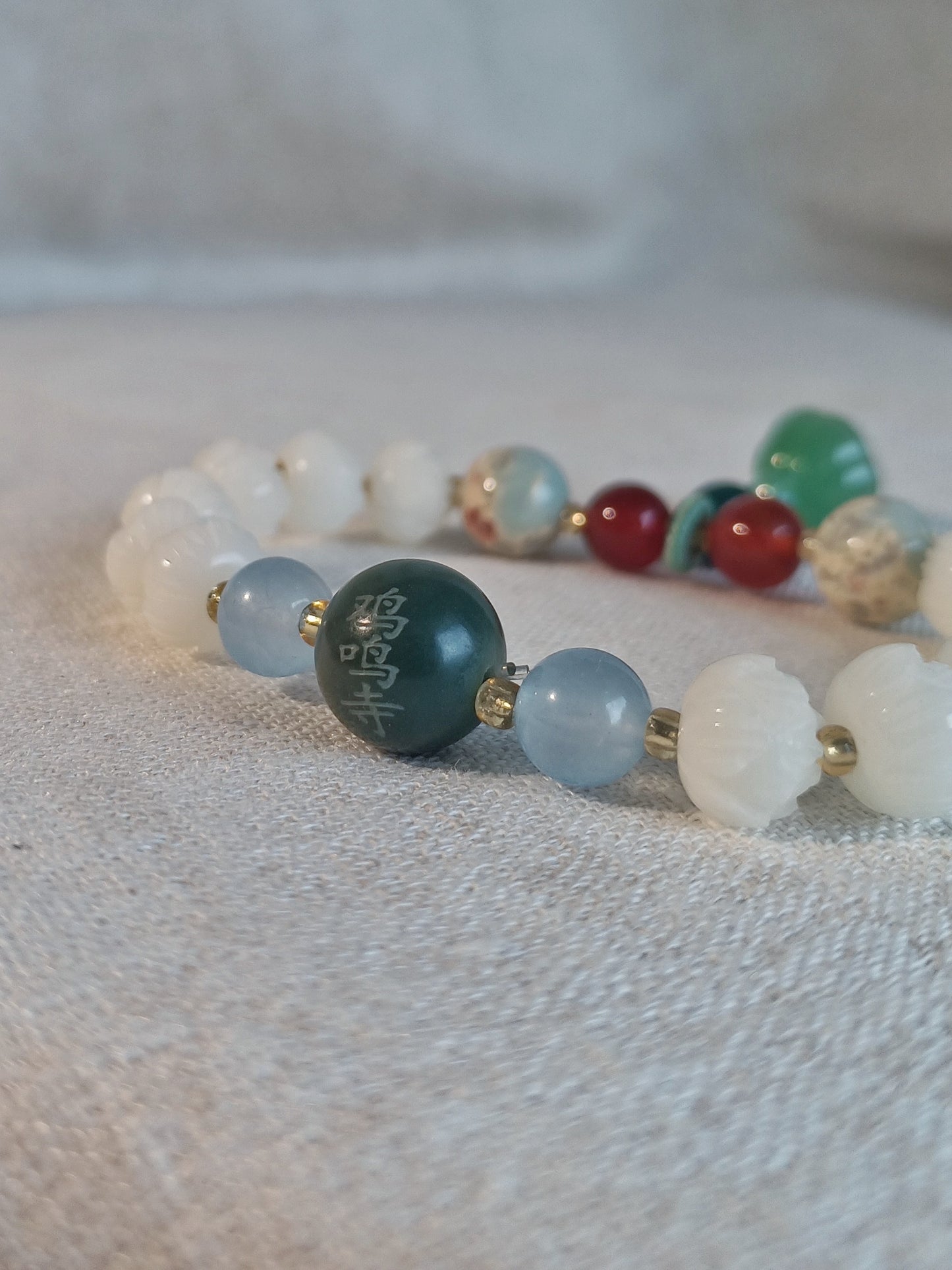 Good Fortune Lotus White Jade Bodhi Bracelet from Jiming Temple