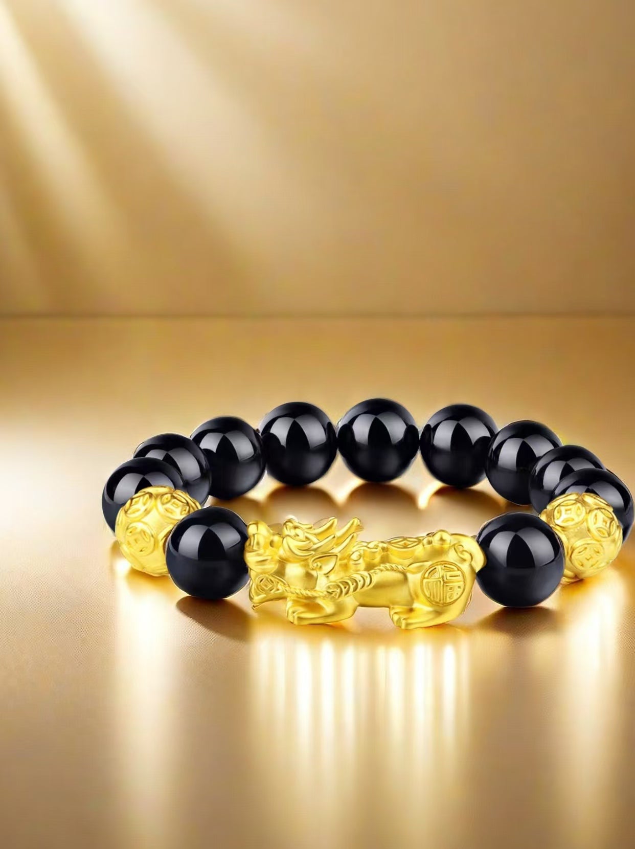 Pixiu Wealth Bracelet – Black Agate & Sand Gold