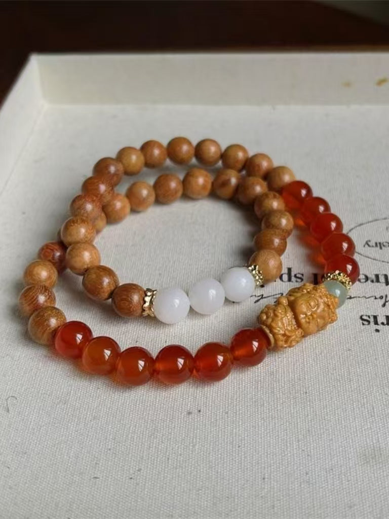 Double-Strand Agate & Sandalwood Tara Bracelet – Modern Chinese Elegance